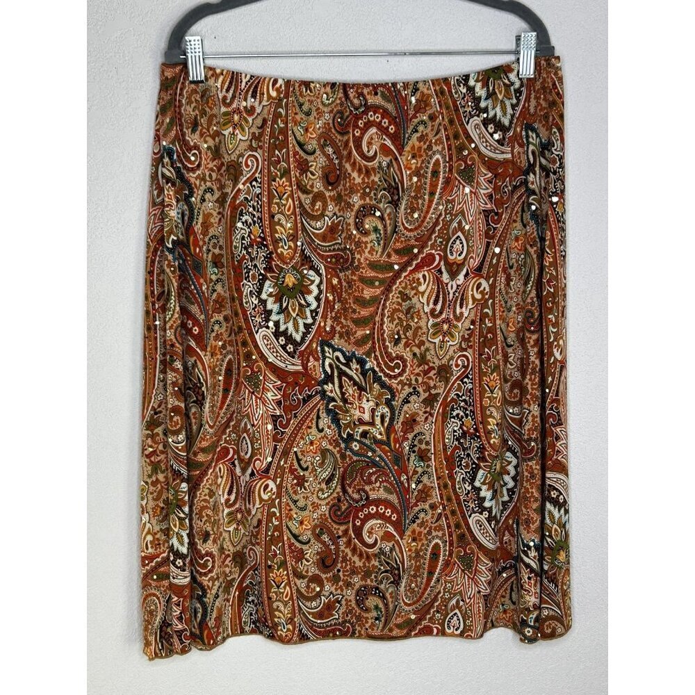 Brittany Black Skirt Womens 2X Orange Paisley Print Stretch Pull On Made USA Y2K